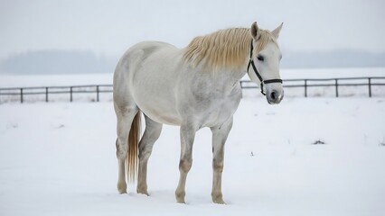White horse standing in snowy field.