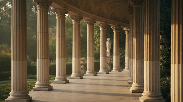 Classical stone colonnade with elegant columns in a sunlit garden during golden hour