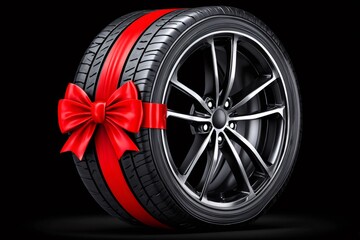 Car tire wheel present wrapped with red bow