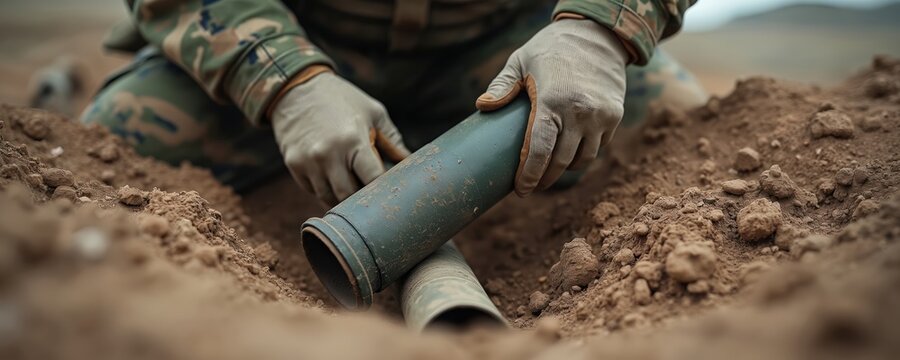Soldier extracts buried mortar shell from soil. Military personnel performs dangerous demining operation to ensure public safety. EOD specialist disarms explosive device in hazardous zone.