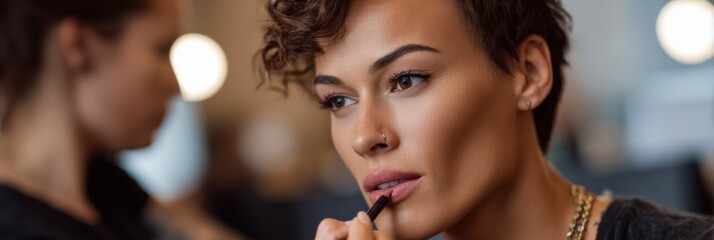 Young caucasian female getting makeup applied by artist in salon