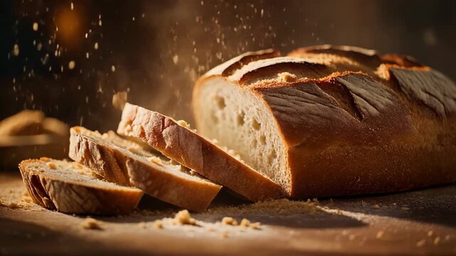 Close-up shot of a freshly baked loaf of bread, sliced and ready to eat.