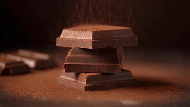 Close-up shot of stacked chocolate bars with cocoa powder dusting on top.