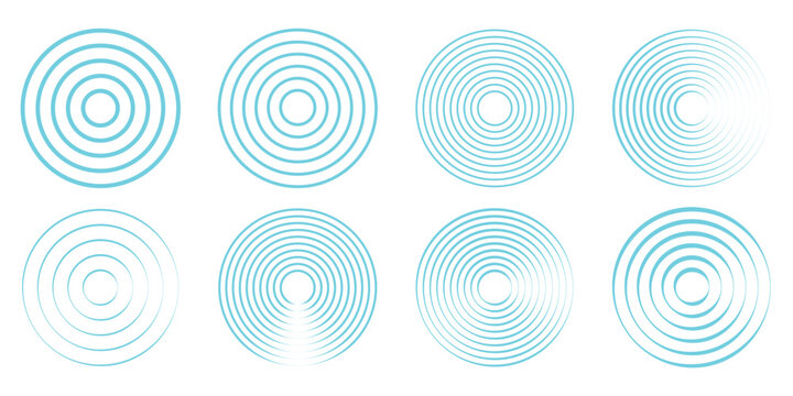 different blue concentric circles icon vector illustration isolated on transparent background. radar signal or vibration elements. sonar or sound wave ring collection. sound wave rings collections