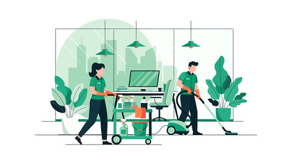 Professional cleaning service team working in a modern office environment.