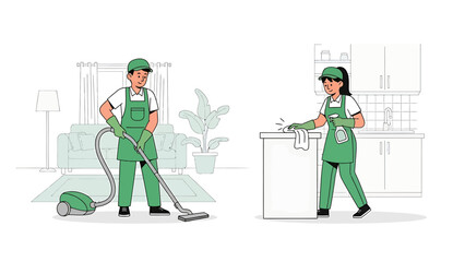 Professional cleaning service staff performing household chores with efficiency.