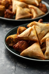 Indian Style Snack Selection with onion bhajis, pakoras and samosas