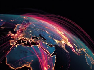 a dynamic world map with vibrant light trails