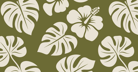 Cream monstera leaves and hibiscus flowers pattern olive green background leaf tropical © Abdullah_43