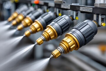 Automated spray nozzles atomizing fluid in a production line setting