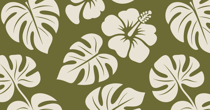 Cream monstera leaves and hibiscus flowers pattern olive green background leaf tropical