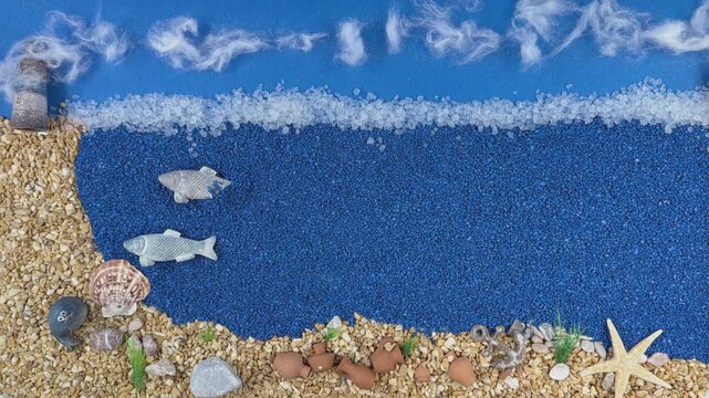 Stop Motion Animation of Stone Fish Swimming in a Blue Stone Sea 