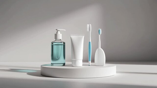 Minimalist premium display of three dental care products: mouthwash, toothpaste, and a toothbrush, soft studio lighting, 4K.