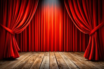 Fototapeta premium Red theatrical velvet curtains opening on a wooden stage