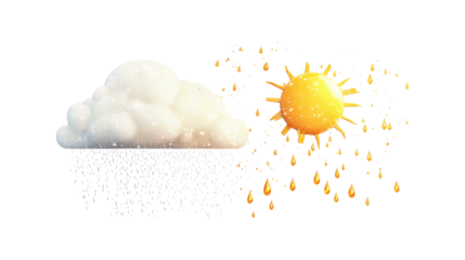 Watercolor sun and cloud with rain drops on transparent background weather sign