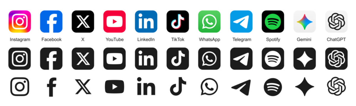 Social media icon logo vector set. Instagram, X, facebook, tiktok, spotify, youtube apps. Popular social media mobile app buttons
