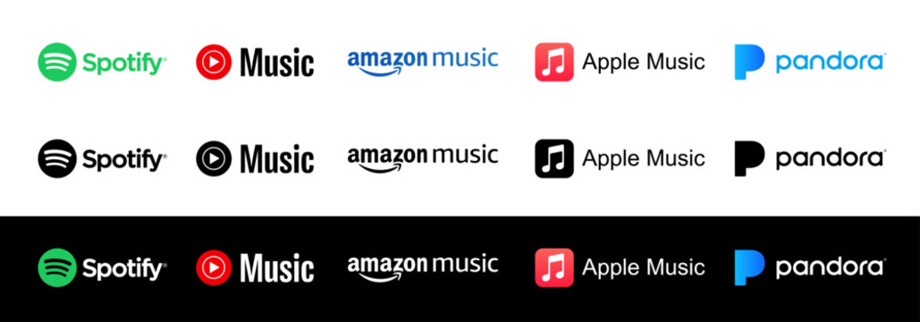 Most popular music streaming servise company logo set. Spotify, Apple music, Amazon music, Youtube music, Pandora