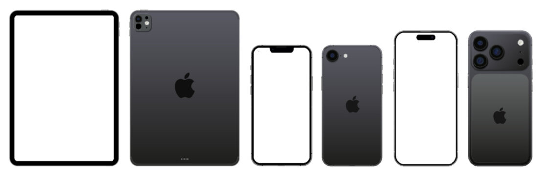 iPad Pro with iPhone 17 Pro and iPhone 16 smartphone screen frame mockup, tablet device template isolated on transparent background