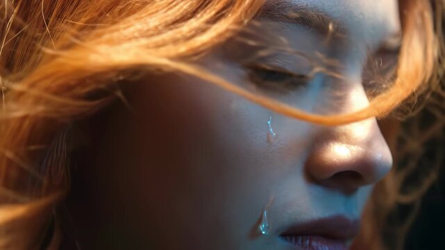 Close up of a crying woman with red hair and a single tear on her cheek in cinematic lighting