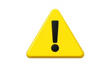Yellow warning triangle sign with a black exclamation mark on a transparent background, symbolizing caution, risk, error, and security