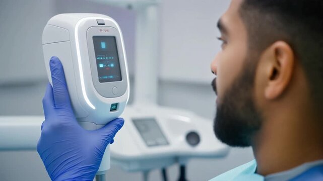 High-quality medical technology shot of a digital impression scanner with a luminous data-light held by a clinician.