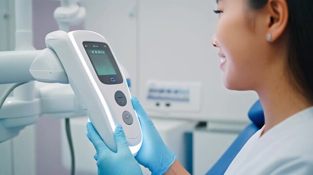 Modern digital intraoral dental scanner with glowing blue light held by a dentist's gloved hand, 4K.