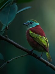 Fototapeta premium colorful bird with shimmering feathers perched on a branch showing off its beauty against a simple backdrop