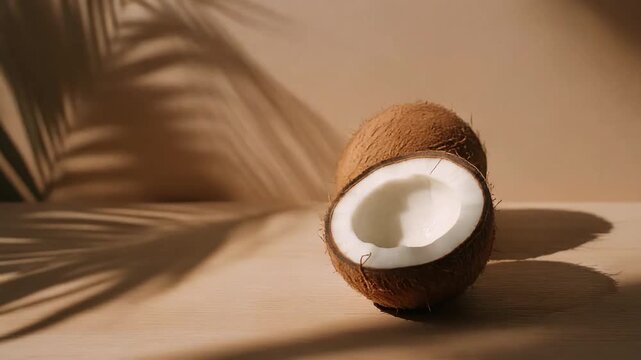 A close-up shot of two coconuts, one halved, with a shadow of a palm leaf.