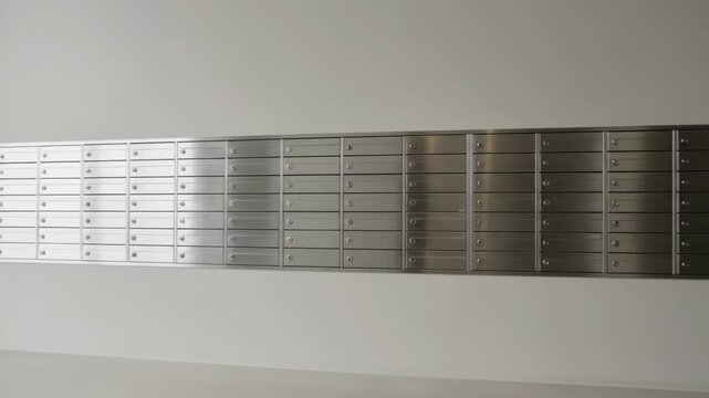 Modern metal mailboxes installed on a wall in a minimalist apartment building lobby with a clean white interior and a bench