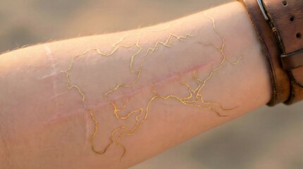 Intricate golden vein-like patterns flow across a healed scar on a person's forearm, symbolizing resilience and a unique story of transformation