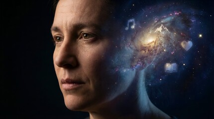 Conceptual image of a person's head with a galaxy and social media icons representing thoughts and ideas