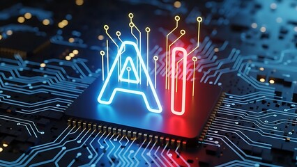 AI chip with neon lights on circuit board technology
