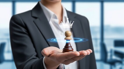 Businessman holding chess pawn with digital crown hovering above it