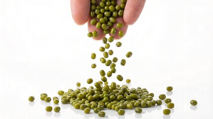 Green mung beans falling from a person's hand onto a pile of beans
