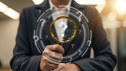Businessman holding interactive holographic interface with question marks