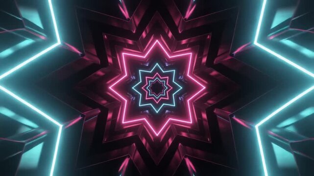 A vibrant neon star pattern illuminates a dark futuristic tunnel with glowing blue and pink lights from various angles