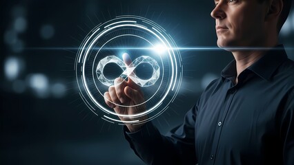 Businessman interacting with a holographic infinity symbol on a futuristic interface