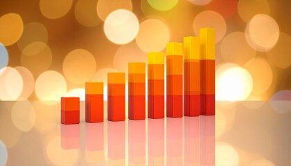 Stylized 3D bar chart with eight vertical bars—red-orange base and yellow tops—on reflective surface with warm bokeh background.