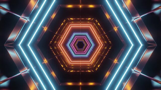 A futuristic neon hexagon pattern viewed from a symmetrical perspective in a dark environment