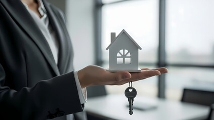 Businessperson holding small house model and keys in office setting