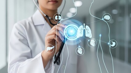 Doctor in a lab coat uses a touchscreen to analyze medical data