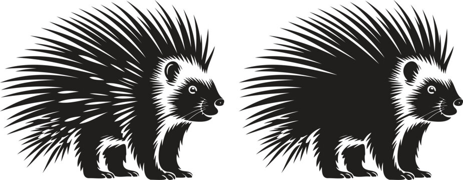 Stylized black and white vector illustration of a porcupine with sharp quills