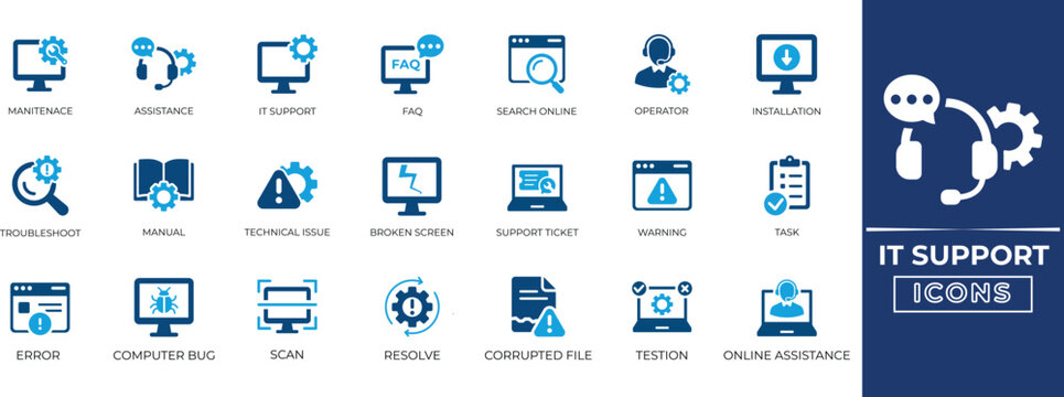 It supports icon set. featuring tech support, operator, scan, maintenance,  warning, troubleshooting, cloud computing, and computer repair symbols for web and app design. Solid icon set