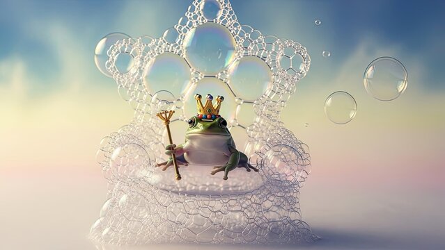 Fantasy image of a frog king on bubble throne holding a scepter whimsical