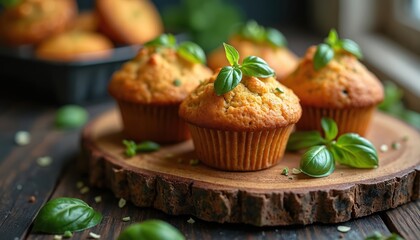 Freshly baked zucchini and carrot muffins topped with basil leaves. Muffins rest on wooden board. Culinary composition presents healthy breakfast options for a wholesome start to the day.