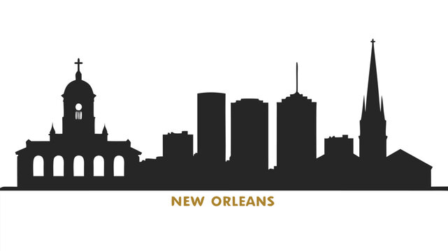 A striking black cityscape of new orleans features iconic buildings and a distinctive skyline silhouette
