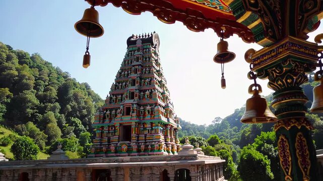 Detailed view of a Hindu temple facade and pillars with bells against a lush green mountain hillside, maha shivaratri