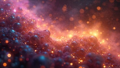 Abstract glowing scene features light and bubbles with pink orange color palette. Surreal backdrop suits innovative science tech presentations, graphic design projects and wallpaper art.