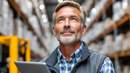 Mature male worker using tablet in warehouse