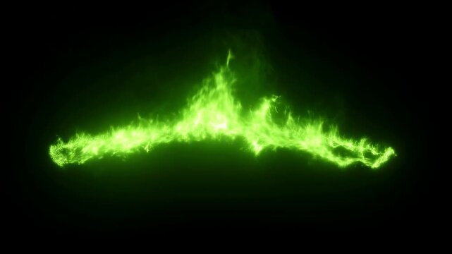 Bright green flames dance in symmetrical formation against black background